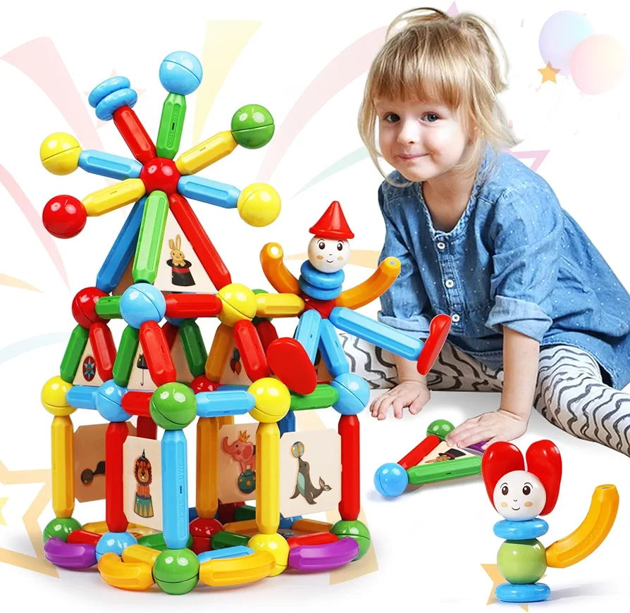 MAGBLOCK 136PCS Magnetic Sticks Blocks Tiles Construction Building, Magnet Balls Toys for 3+Years Old Boys and Girls, STEM Educational Learning Toys Gifts Sets for Children