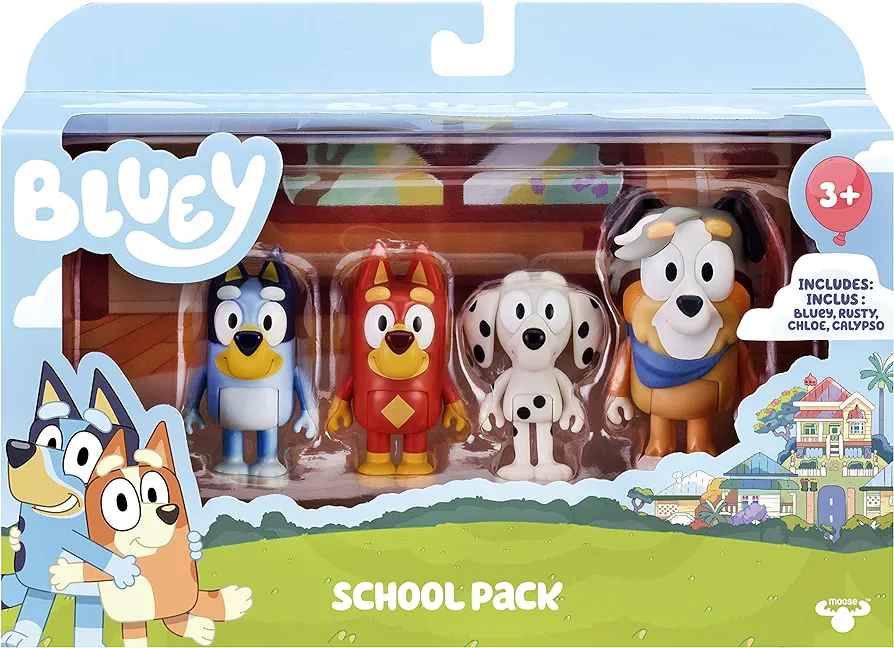 "Bluey and Friends 4 Pack of 2.5-3" Dog " Poseable Figures" (13052), School 4-pack