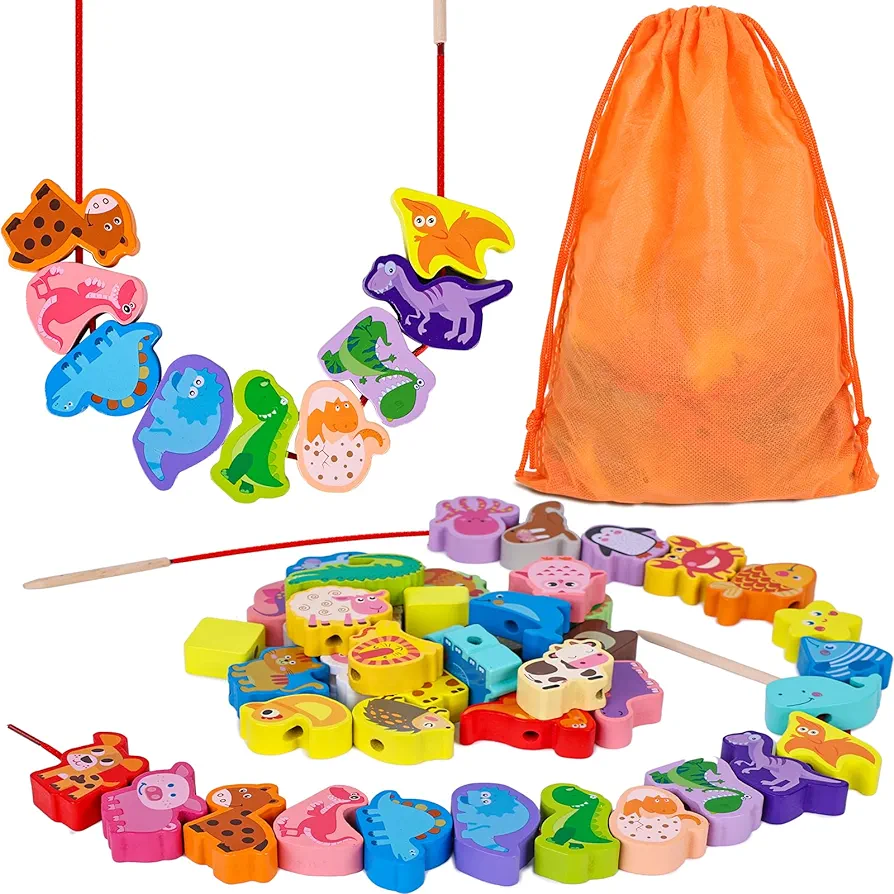 LovesTown 42PCS Lacing Beads Educational Toys, Wooden Stringing Farm Animals Fruits Lacing Beads Preschool Toys for Kids Boys Girls