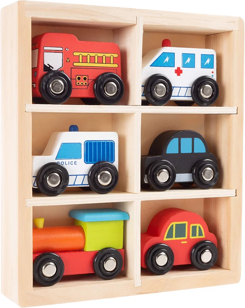 Hey! Play! Wooden Car PlaySet-6-Piece Mini Toy Vehicle Set with Cars, Police and Fire Trucks, Train-Pretend Play Fun for Preschool Boys and Girls