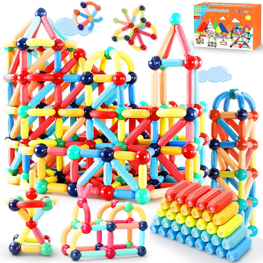 64PCSMagnetic Building Blocks STEM Educational Toy for Kids Montessori Learning Sticks and Balls, Sensory Activities Toys for Toddlers, Gift for Boys and Girls Preschool