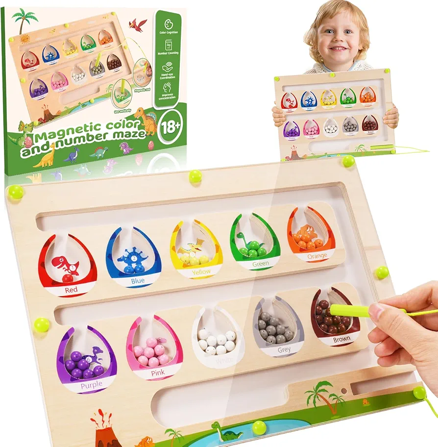 Montessori Toys for 2 3 4 5 Year Old, Magnetic Color and Number Maze Gifts for 2-5 Year Old Boy Toys Wooden Sensory Board Educational Learning Toys for Toddlers 2-4 Years Dinosaur Toys