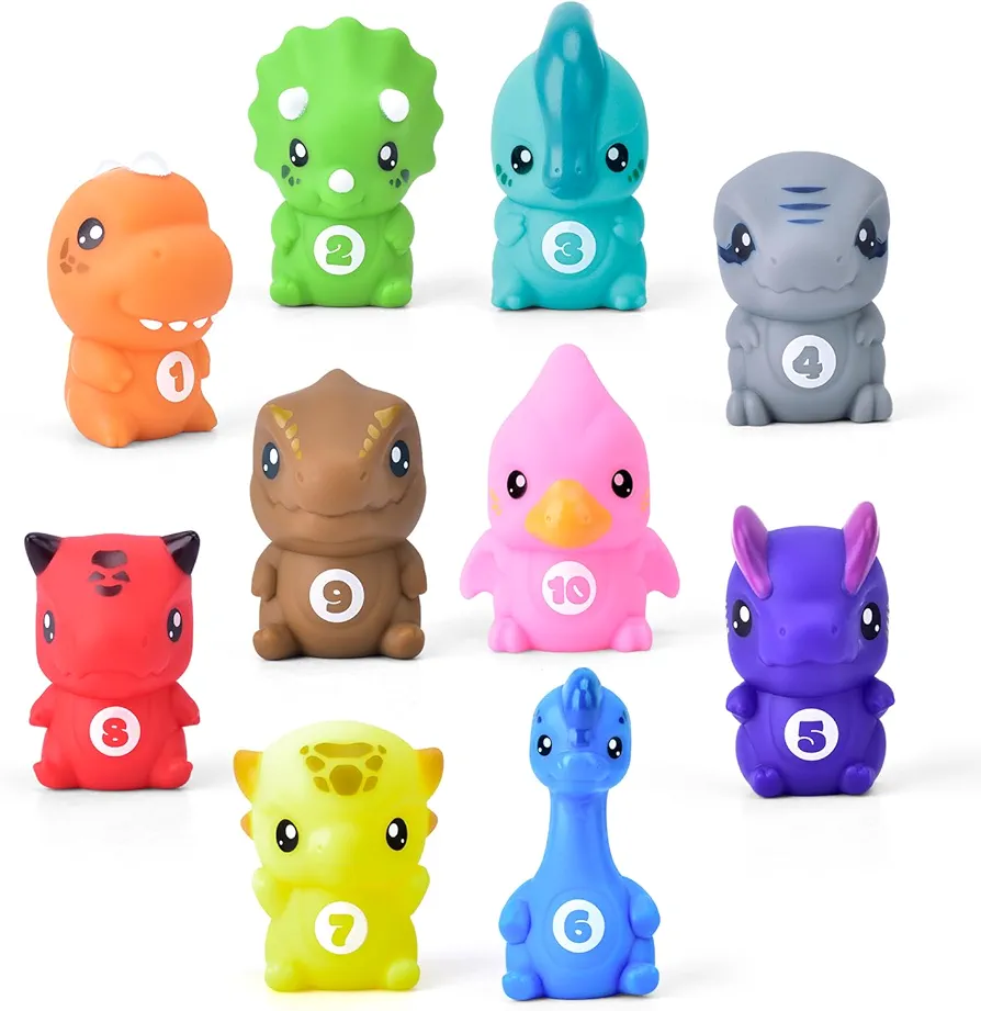 Dinosaur Mold Free Baby Bath Toys for Toddlers 1-3, 10 PCS Dino Finger Puppets Set, Shower Bathtub Pool Toys, Educational Preschool Toys for Kids, No Smells