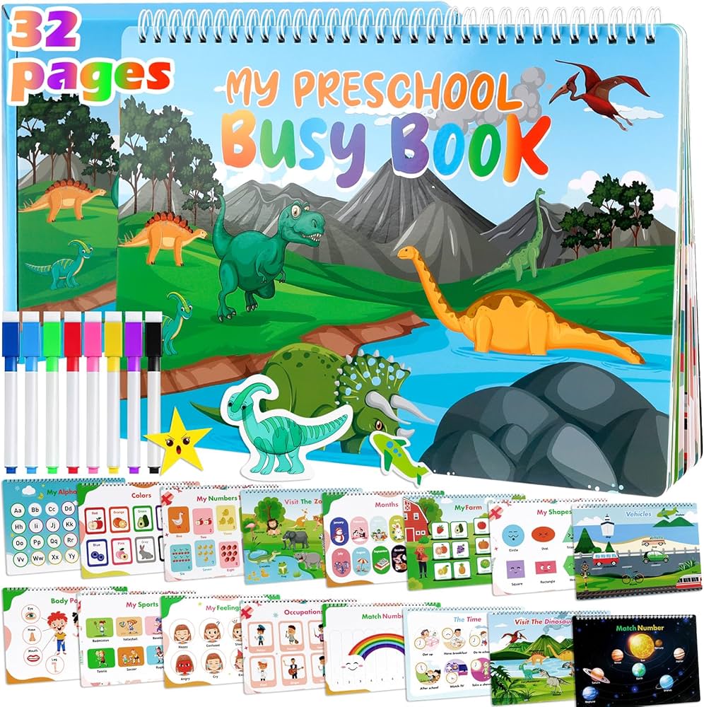 Busy Book for Toddlers, Montessori Preschool Learning Activities 32-Theme Tracing/Sticker/Coloring Books for Kids 3-6 yo Dry Erase, Travel Toy, Autism Learning Materials, Birthday Gifts for Boys Girls