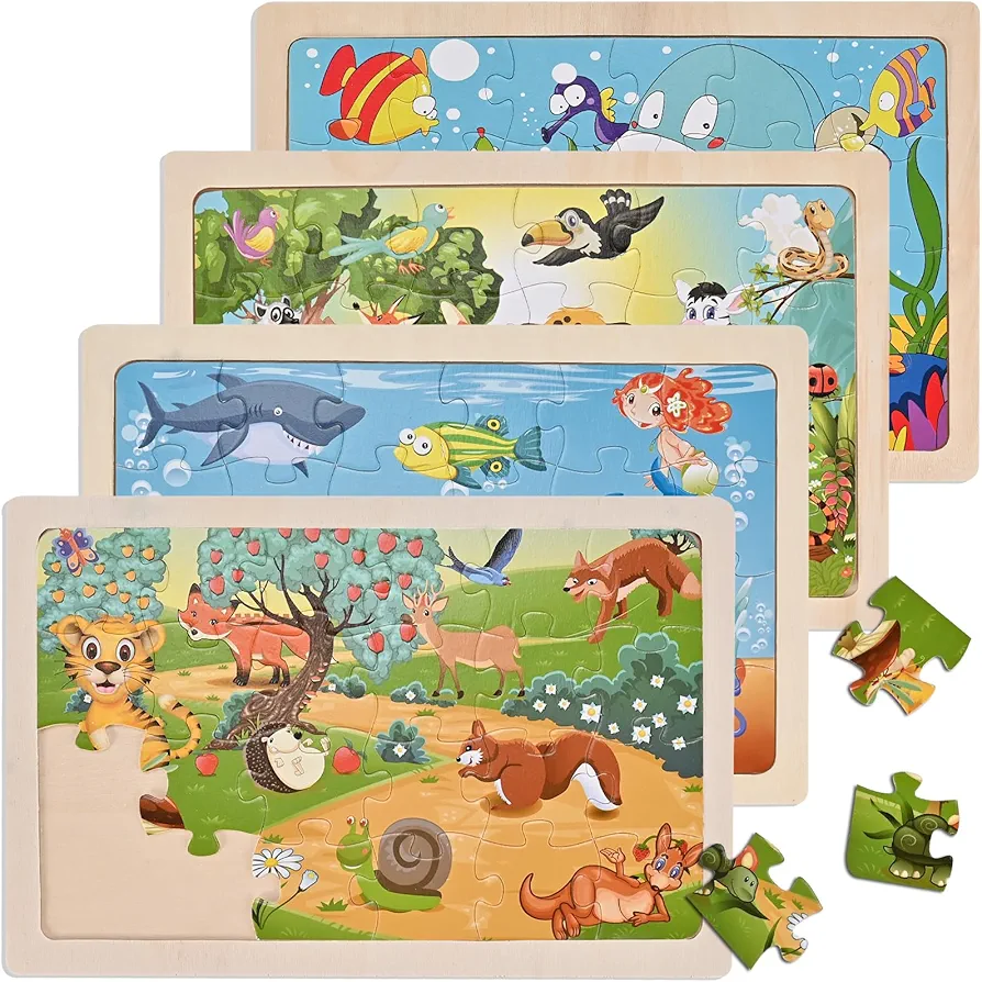 Wooden Puzzles for Kids Ages 3 4 5, 4 Packs 24 PCs, Sea and Animal Puzzles for Toddlers, Toddlers Jigsaw Puzzles, Preschool Educational Learning Toys for Boys and Girls