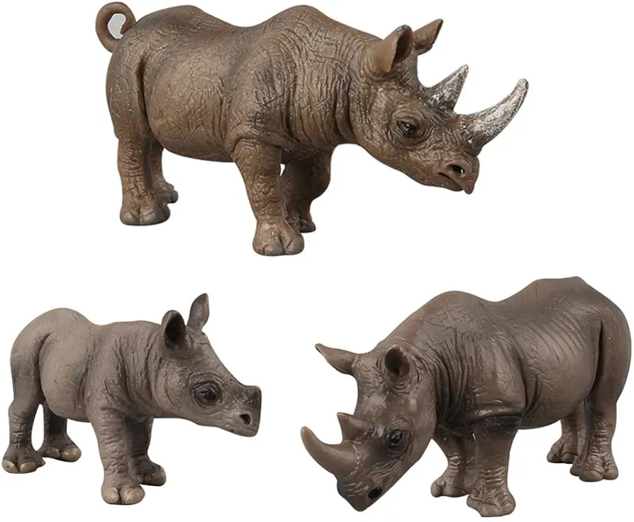 3 Pcs African Jungle Rhinoceros Model Figure Toy, Realistic Rhinos Figurines Collection Playset Preschool Science Educational Learn Cognitive Props