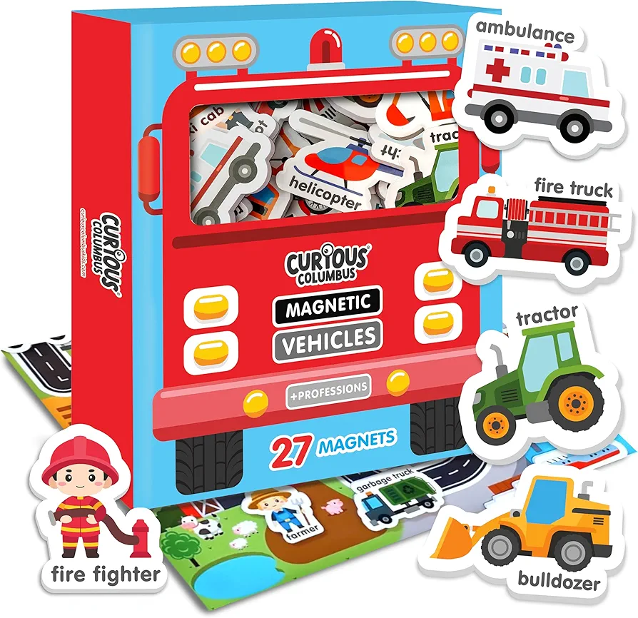 Curious Columbus Vehicles Fridge Magnets for Toddlers 1-3 Year Olds. Large Foam Refrigerator Magnets for Kids Baby and 3-5 Years Old. Magnetic ABC Learning Magnet Educational Toys Babies to Preschool