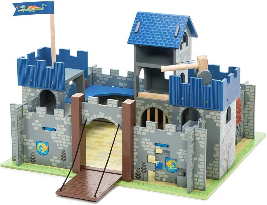 Le Toy Van - Castles Collection Wooden Toy Educational Excalibur Knights Castle | Kids Wooden Castle Playset Model Castle For Boys, Blue Excalibur Castle (TV235)