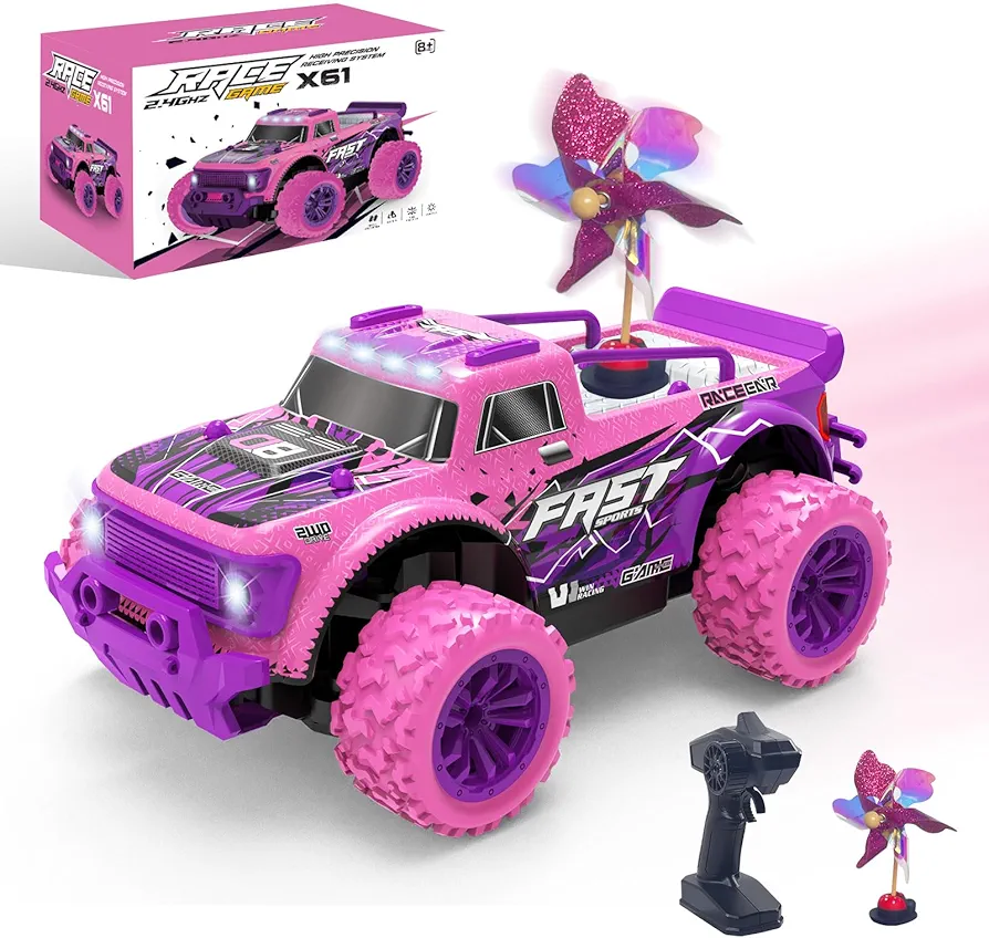 Remote Control Car, Pink RC Car for Girls High Speed 2.4GHz Off Road Racing Cars with LED Light for Kids, Remote Control Truck with Windmills, RC Car Toys for Girls with LED Light