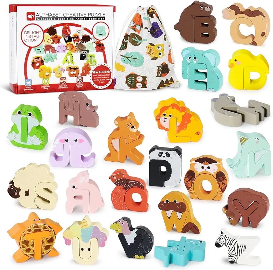 52 Pieces Matching Game, Wooden Alphabet Animal Puzzles for Toddlers, ABC Peg Puzzles for Kids Ages 3-5, Preschool Learning Activities Toys