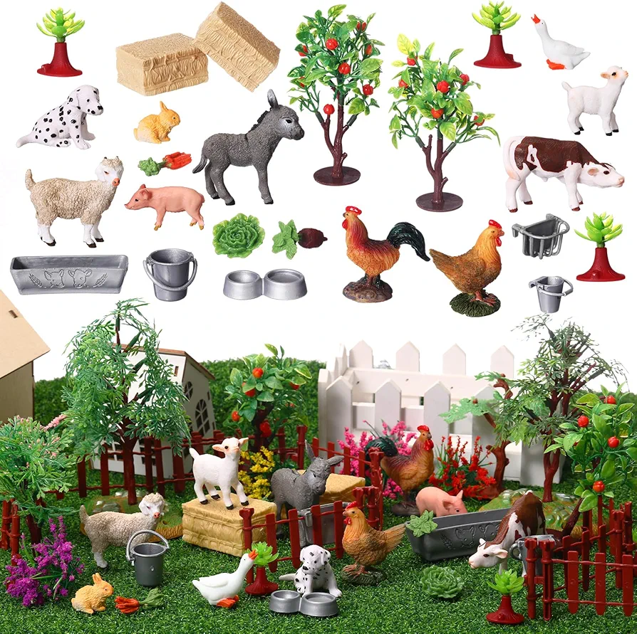Sratte 26 Pcs Farm Animals Figures Playset Plastic Farm Animals Model Trees Farm Feed Food Accessories Toy Set Diorama Project Supply for Cake Topper Toddlers Gift Birthday Party Decor