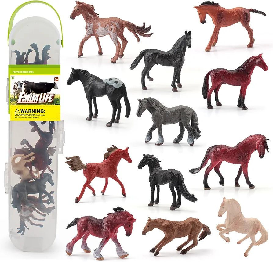 Atralo Service Farm Animal Model Playsets 12 PCS Realistic Mini Horse Figures Toy Desktop Decoration Collection Party Favors Toys for Boys Girls Kids