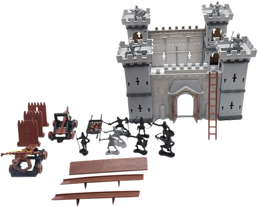 PXRJE Medieval Castle Knights Action Figure Toy Army Playset with Assemble Castle, Catapult and Horse-Drawn Carriage Great for Girls and Boys(A1)