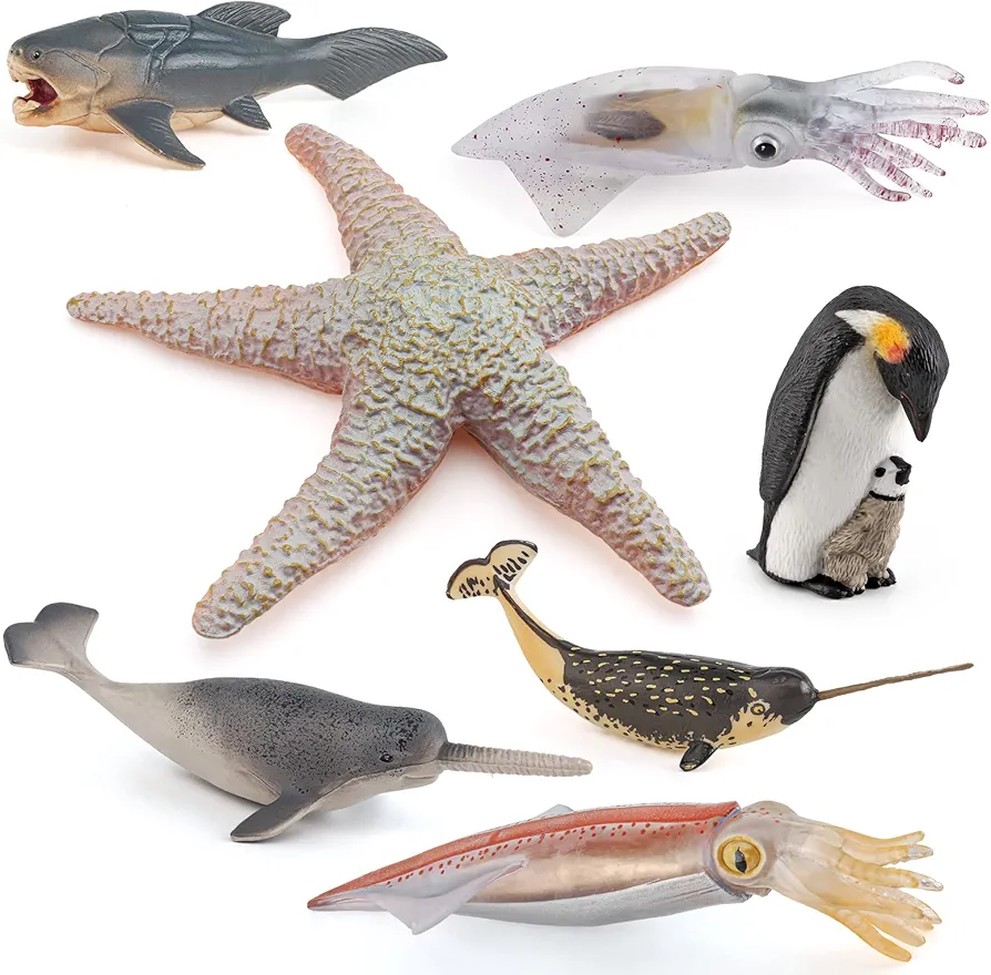 Polar Ocean Sea Marine Animal Figure Toys Playsets 7 PCS Mini Squid Starfish Narwhal Penguin Dunkleosteus Model Toy Desktop Decoration Collection Party Favors Toys for Boys Girls Kids