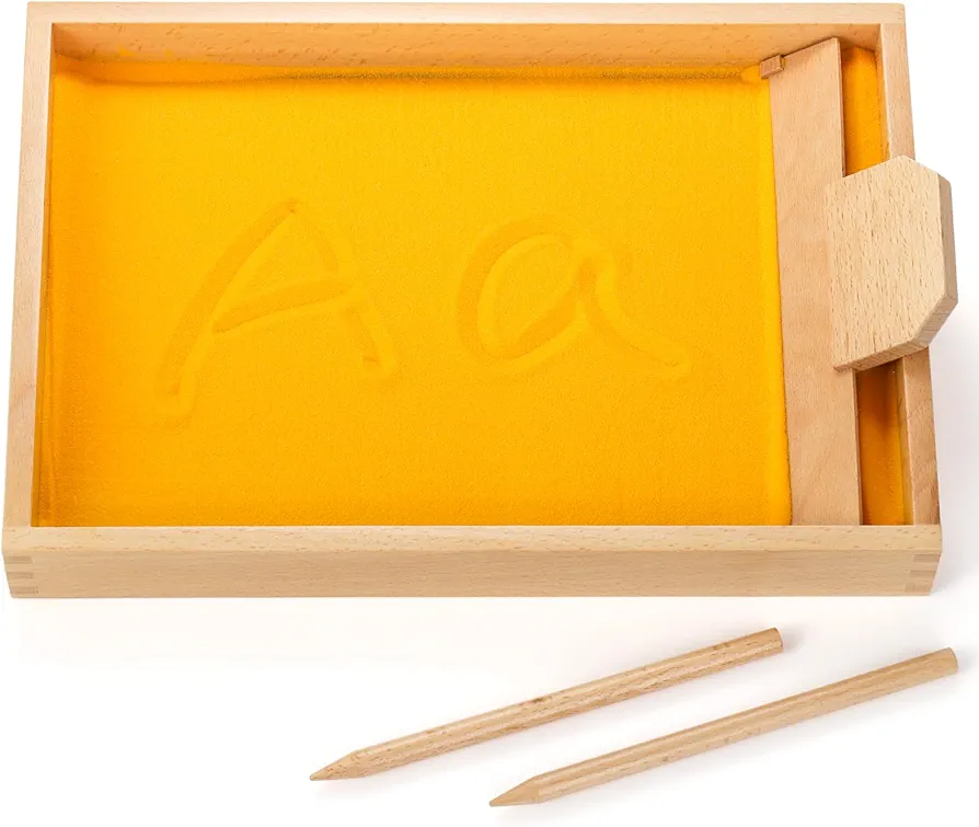 Suwimut Montessori Sand Tray, Wooden Montessori Sand Tracing Tray Learning and Educational Toys with Wooden Pen for Kids Writing Letters and Numbers, Preschool Kids Sand Box Toys for Letter Formation