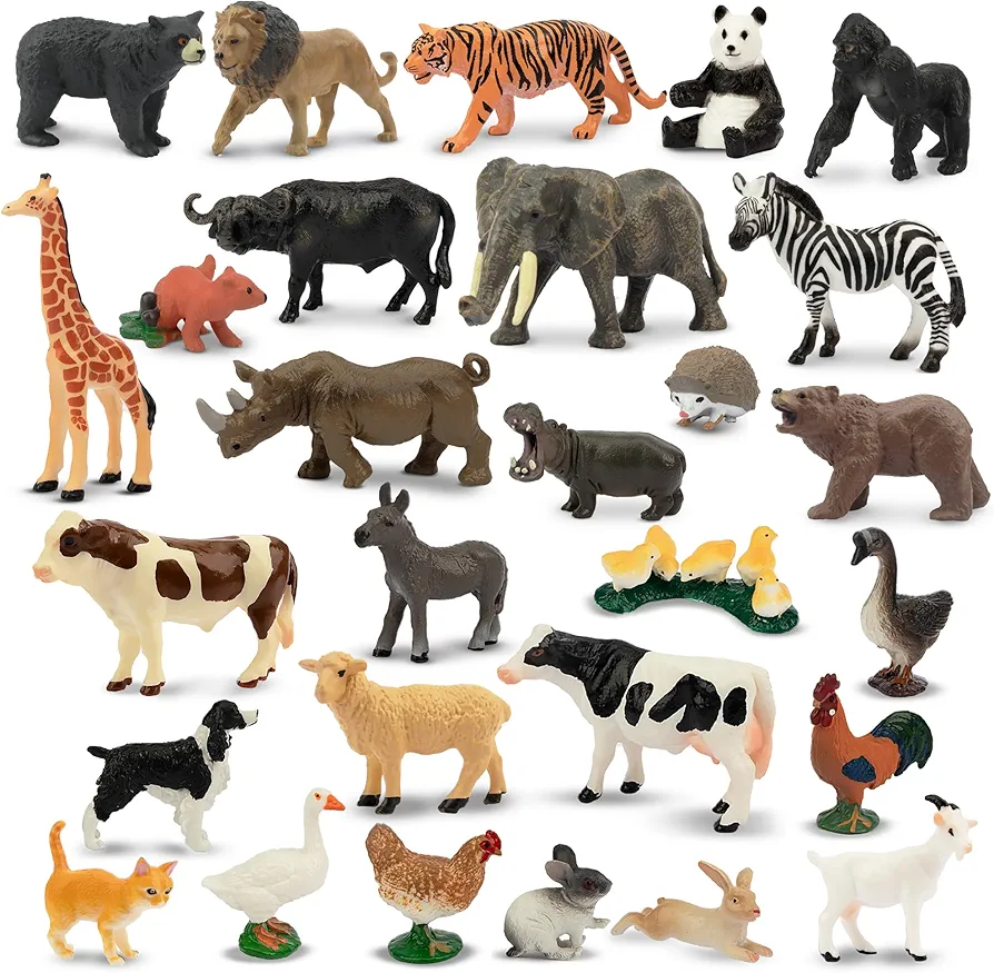 Toymany 28PCS Tiny Jungle Animal Figures and Farm Figurines Toy Set, Realistic Mini Animal Figurines Cake Topper, Easter Egg Christmas Birthday Gift for Kids
